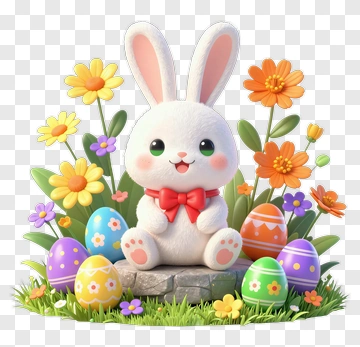 Cartoon Easter Bunny Surrounded By Colorful Eggs And Flowers PNG