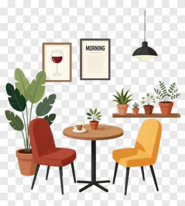 Cozy Cafe Interior With Plants And Chairs PNG