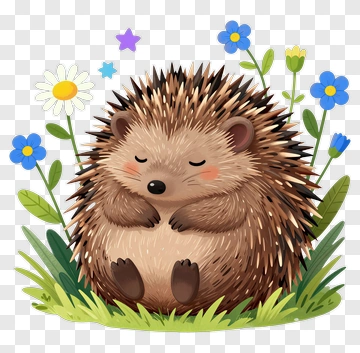 Cartoon Hedgehog Surrounded By Flowers PNG