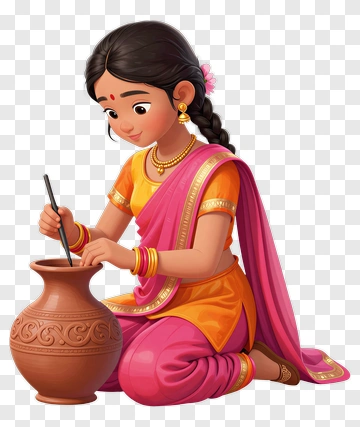 Girl Decorating A Pot In Traditional Attire PNG