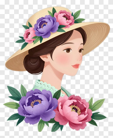 Woman In A Hat With Flowers PNG