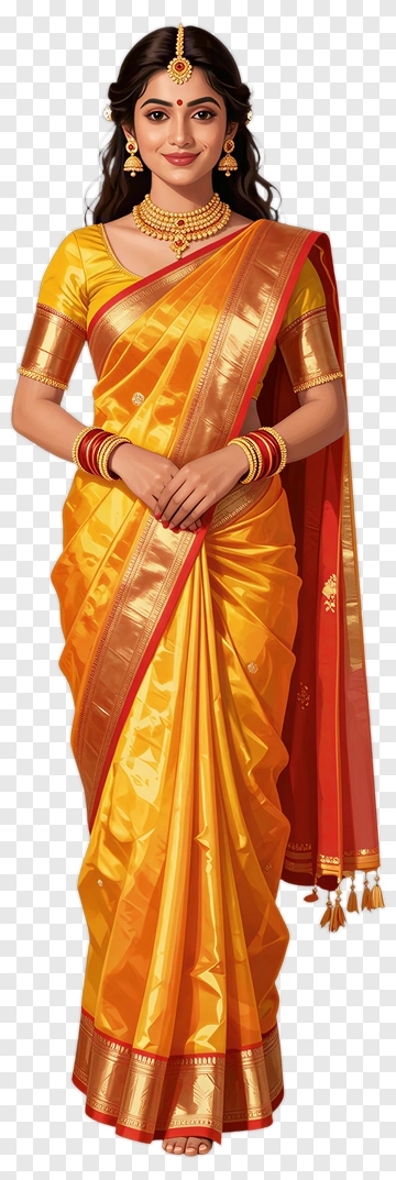Woman In Traditional Yellow Saree With Jewelry PNG