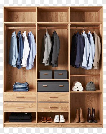 Wooden Wardrobe With Suits And Accessories PNG