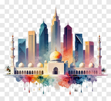 Colorful City Skyline With Mosque PNG