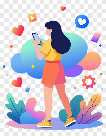 Woman Using Smartphone Surrounded By Colorful Icons PNG