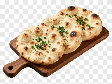 Three Pieces Of Naan Bread On A Wooden Serving Board PNG