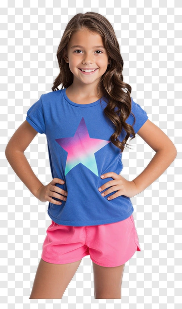 Smiling Girl In Blue Shirt With Star Design PNG