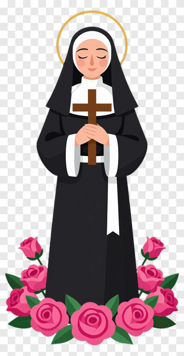 Cartoon Nun Holding A Cross Surrounded By Roses PNG