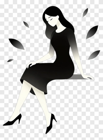 Stylized Woman Sitting In A Black Dress PNG