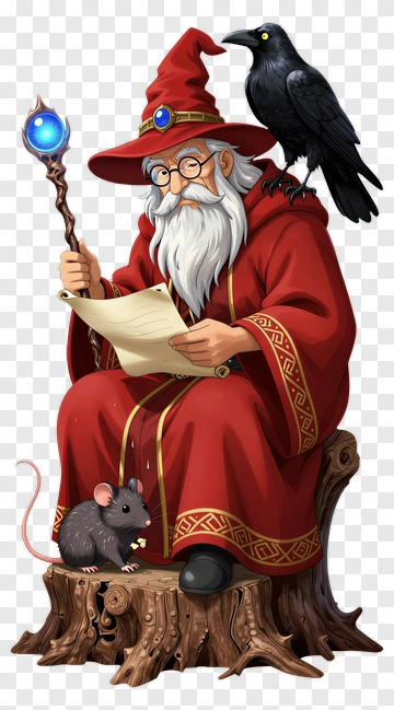 Wizard Sitting On A Stump With A Crow And Mouse PNG