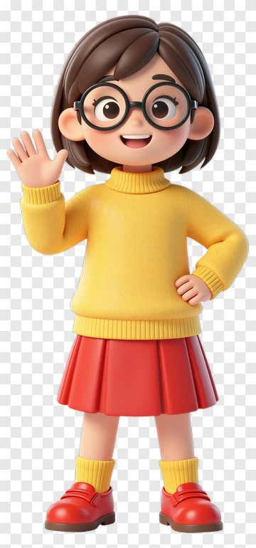 Cartoon Girl Waving In Yellow Sweater And Red Skirt PNG