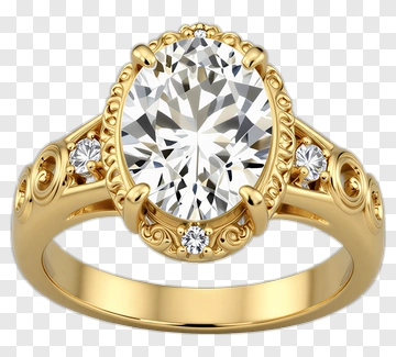 Gold Ring With Oval Diamond And Decorative Design PNG
