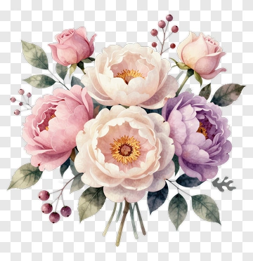 Watercolor Flower Bouquet With Pink And Purple Roses PNG