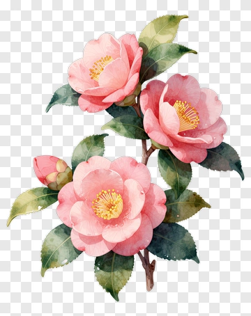 Watercolor Pink Camellia Flowers PNG