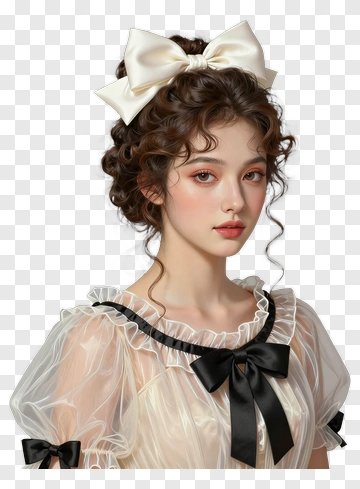 Young Woman With Curly Hair And Bow PNG