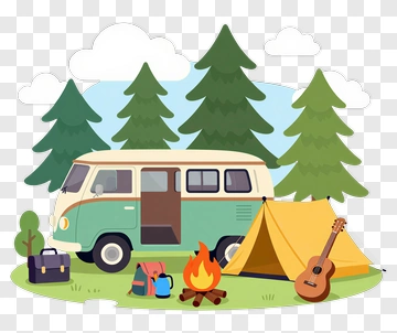 Camping Scene With A Vintage Van And Tent PNG