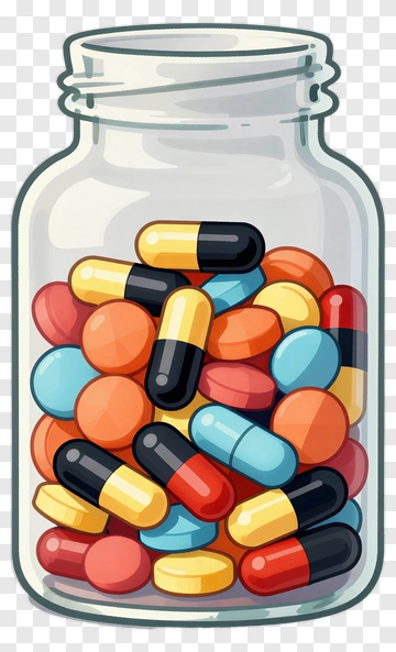 Colorful Pill Jar Filled With Capsules And Tablets PNG