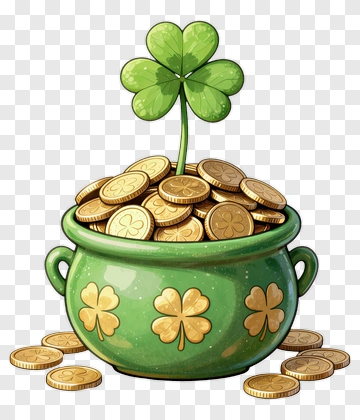 Cartoon Pot Of Gold With Shamrock PNG