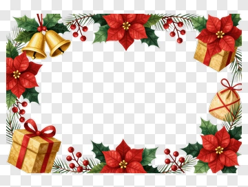 Christmas Floral Frame With Poinsettias And Gifts PNG
