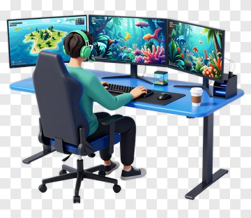 3D Gamer At A Multi-Monitor Setup PNG