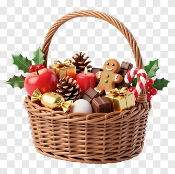 Christmas Candy Basket With Gingerbread And Ornaments PNG