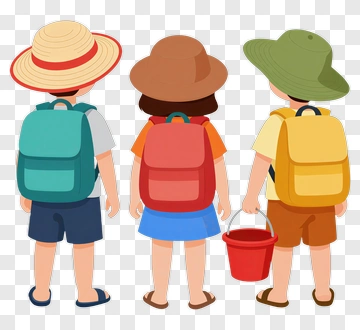 Children With Backpacks And Hats PNG