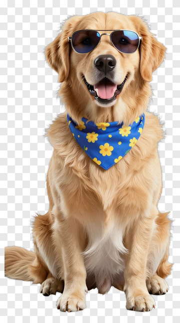 Golden Retriever Wearing Sunglasses And A Blue Scarf PNG
