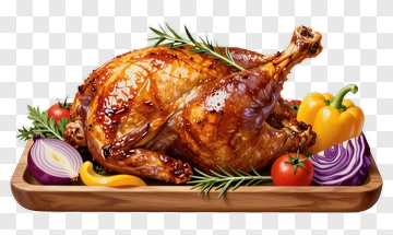 Roasted Turkey With Vegetables On A Wooden Platter PNG