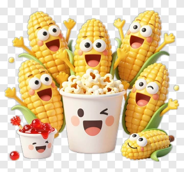 Happy Corn Characters With Popcorn Bucket PNG