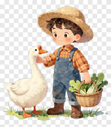 Boy Interacting With A Goose And Holding A Basket Of Vegetables PNG