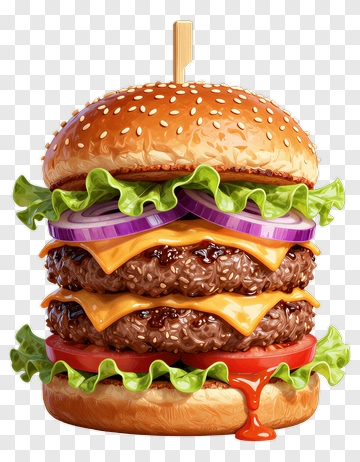 Delicious Cheeseburger With Three Patties And Fresh Vegetables PNG