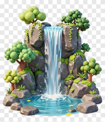 Cartoon Waterfall Surrounded By Trees PNG