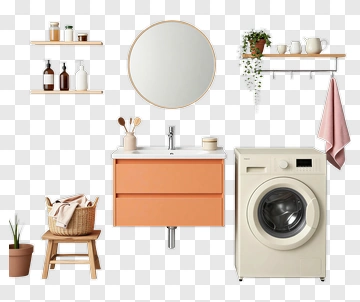 Modern Bathroom With Washing Machine And Shelves PNG