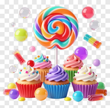Colorful Candy Arrangement With Cupcakes And Lollipop PNG