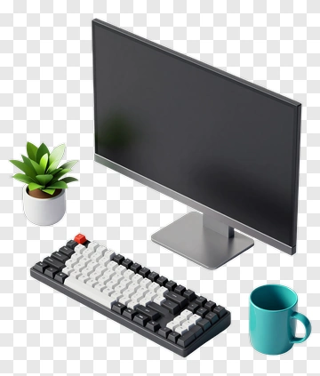 Computer Monitor With Keyboard, Plant, And Mug PNG