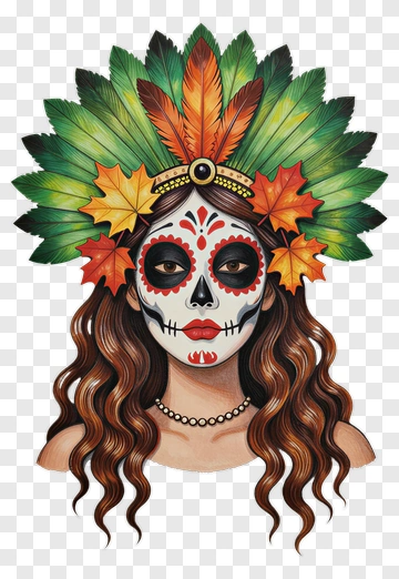 Woman With Sugar Skull Makeup And Feathered Headdress PNG