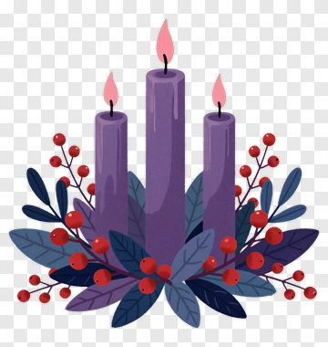 Purple Candles Surrounded By Red Berries And Green Leaves PNG