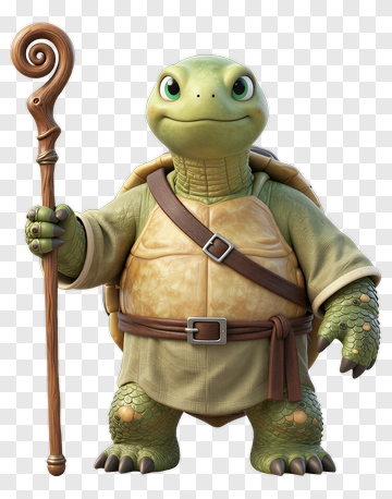3D Turtle Holding A Staff PNG