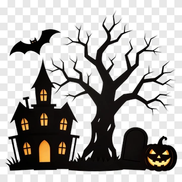 Halloween Haunted House With Pumpkin And Bat PNG