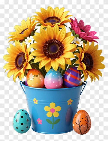 Easter Bucket Filled With Sunflowers And Colorful Eggs PNG