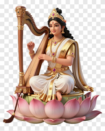 Goddess Saraswati Playing A Harp On A Lotus PNG