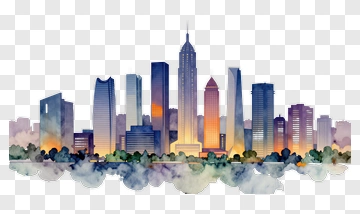 Watercolor City Skyline At Sunset PNG