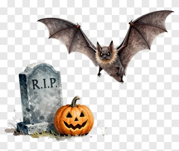 Halloween Bat Flying Over A Pumpkin And Tombstone PNG