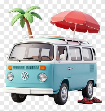 Vintage Volkswagen Van With Beach Umbrella And Palm Tree PNG