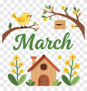 Cartoon Bird And House With March Text PNG