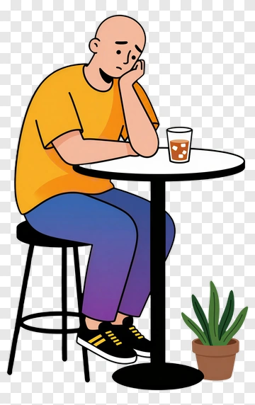 Sad Man Sitting At Table With Drink And Plant PNG