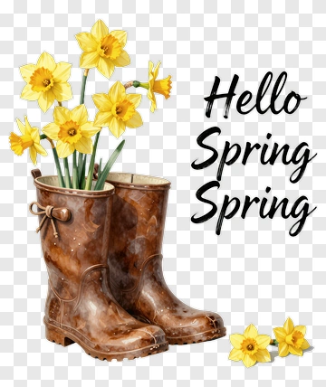 Hello Spring With Daffodils In Rubber Boots PNG