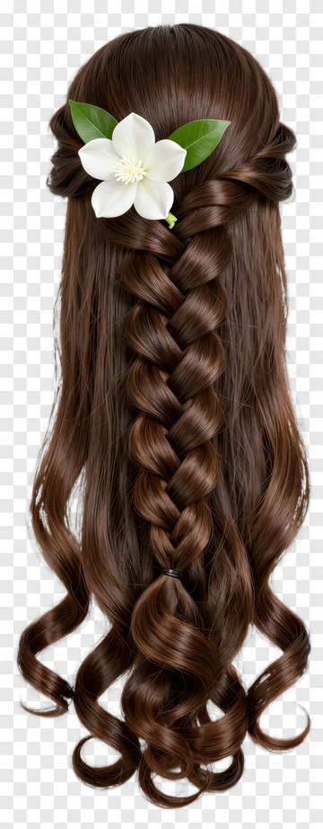 Braided Brown Hair With White Flower PNG