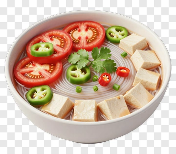 Bowl Of Noodle Soup With Tofu And Vegetables PNG