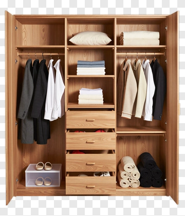 Wooden Wardrobe With Clothes And Storage Bins PNG